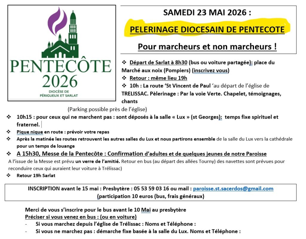 Pèlerinage diocésain de Pentecôte 2026 : samedi 23 mai