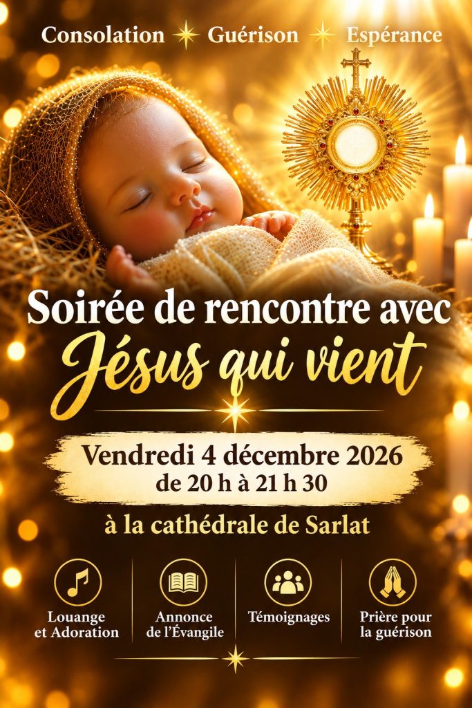 Soirée de rencontre avec Jésus qui vient - Consolation, guérison, espérance. Le vendredi 4 décembre 2026, 20h00-21h30, à la cathédrale de Sarlat